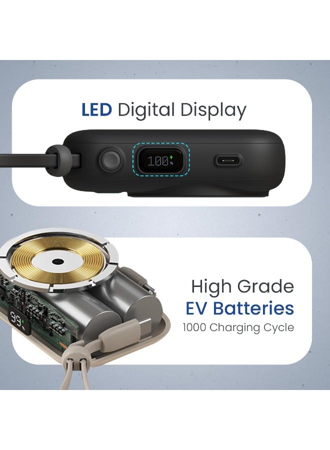 بورترونيكس Portronics Power Shutter 10000mAh 15W Magnetic Wireless Fast Charging Powerbank with in-Built Type C & 8 Pin Cable, 22.5W Type C PD Output, Type C Bidirectional Port, LED Display (Black) - Image 2
